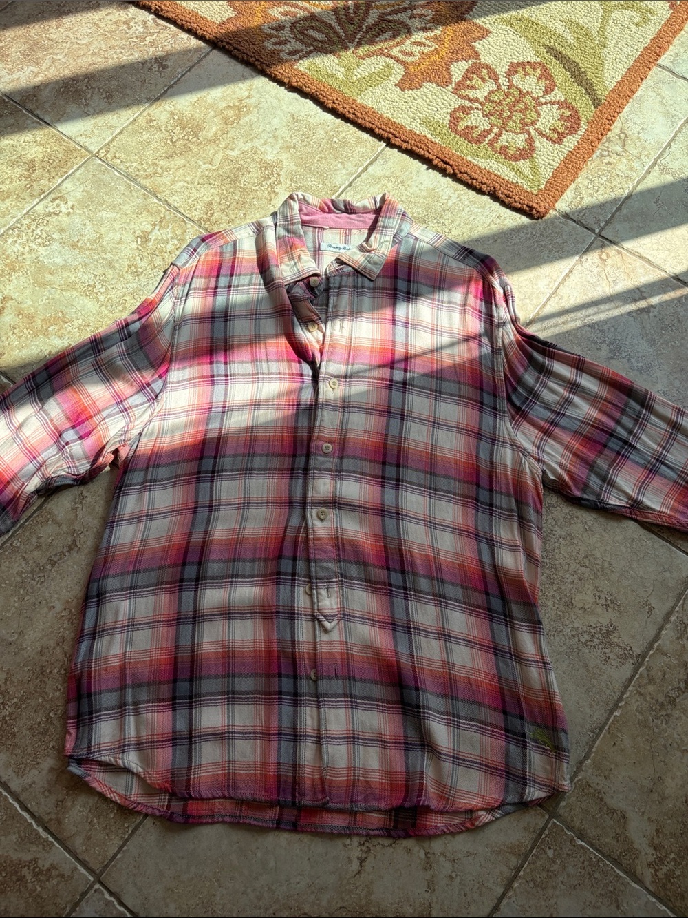 Men's Tommy Bahama Lightweight Plaid Button-Up Shirt in Pink and Cream Large